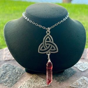 Celtic knot triangle with red aura blood crystal quartz stainless steel necklace